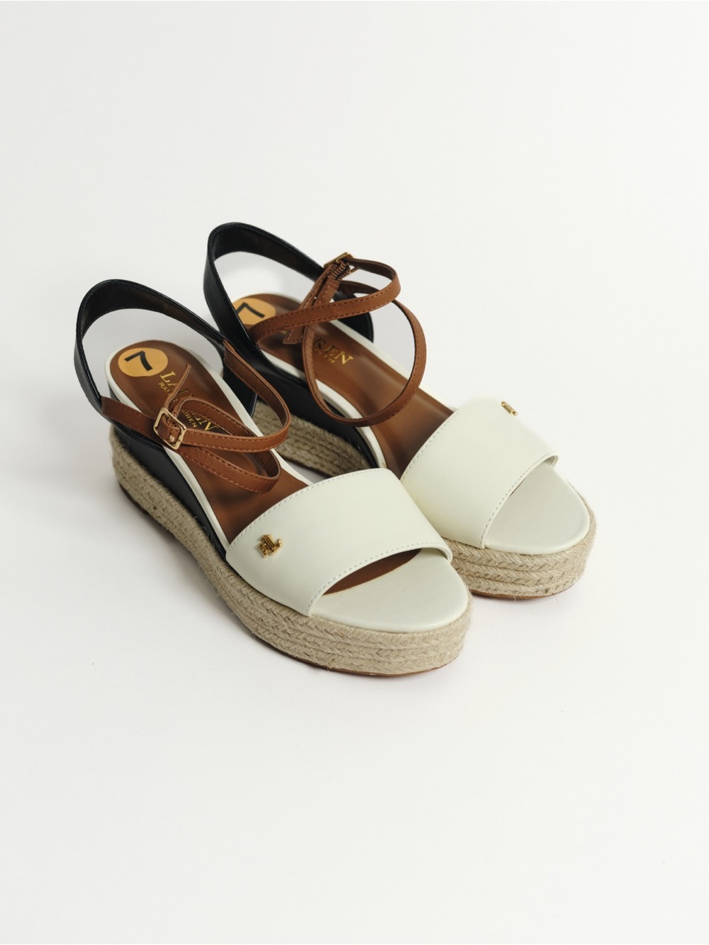 Ralph Lauren Cream Espadrille Wedge Sandals with Brown and Black Straps